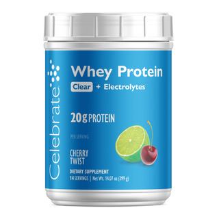 Celebrate Whey Proteína Cherry recipiente Twist com rótulo azul sobre fundo branco