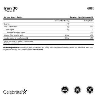 Ferro 30 mg + Vitamina C, Mastigável Comprimidos, Grape