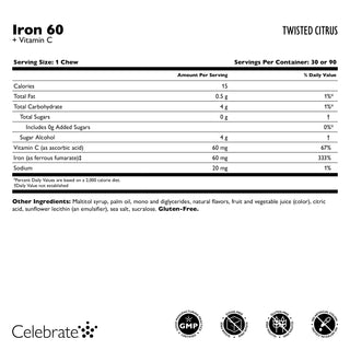 Hierro 60 mg + Vitamina C Masticables Suaves, Twisted Citrus 