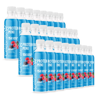 Vários frascos de Celebrate Proteína Mini Berry sobre um fundo branco