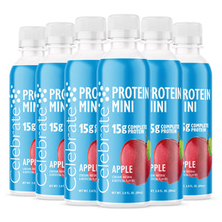 Vários frascos de Celebrate Proteína Mini sabor maçã sobre um fundo branco