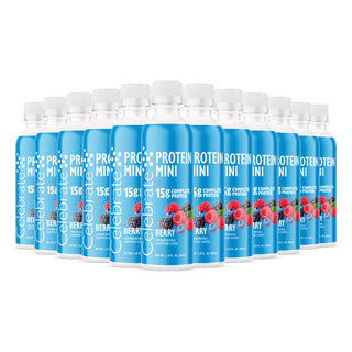 Vários recipientes de Proteína Mini sabor Berry sobre um fundo branco