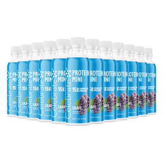 Vários frascos de Celebrate Proteína Mini com sabor a uva sobre um fundo branco