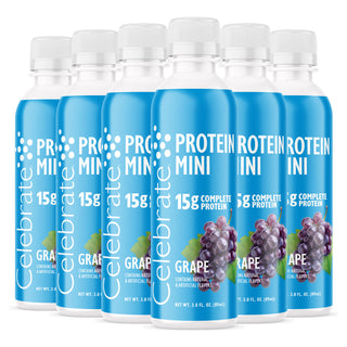 Vários frascos de Celebrate Proteína Mini sabor Grape sobre um fundo branco