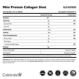 Rótulo nutricional de um Collagen Shot Mini Proteína com sabor a blue raspberry, incluindo tamanho da porção, calorias e ingredientes.