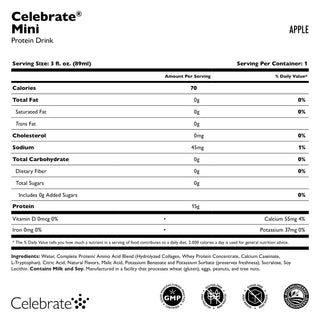 Rótulo nutricional de Celebrate Mini Proteína Bebida sabor maçã sobre um fundo branco