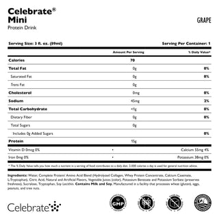 Rótulo nutricional de Celebrate Mini Proteína Bebida sabor Grape sobre um fundo branco